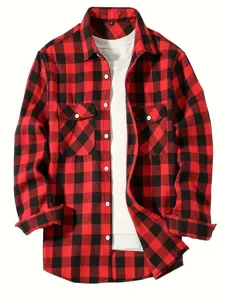 Men's red and black plaid flannel long sleeve shirt with double chest pockets and white buttons.