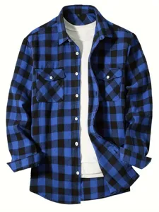 Men blue black flannel plaid shirt long sleeve double pocket button down casual shirt