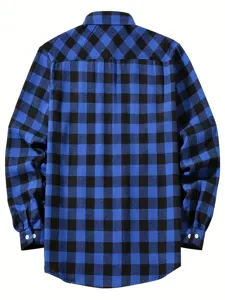 Detailed view of the blue and black plaid long sleeve flannel shirt back design.