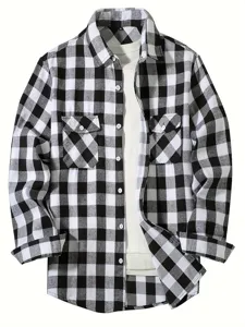 Detailed view of black and white plaid flannel shirt with dual chest pockets and white tee.