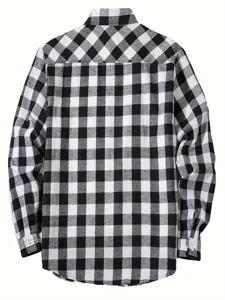 Men's classic black and white plaid long sleeve shirt, casual button down flannel shirt for daily wear.