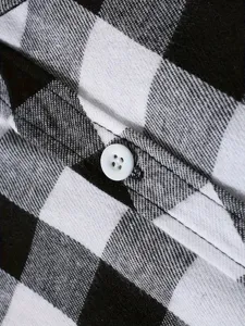 Men black white plaid flannel shirt detail view, soft cotton brushed fabric button up.