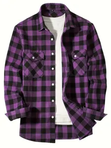 Men's purple and black plaid flannel long sleeve shirt with dual chest flap pockets and white tee.