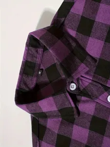 Men's purple black plaid flannel shirt collar detail, soft fabric, classic check design.