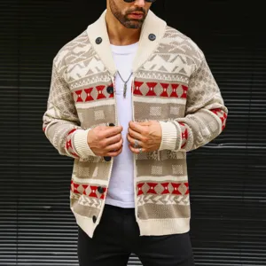 Close-up detail of men's geometric knit cardigan featuring shawl collar and dark buttons.