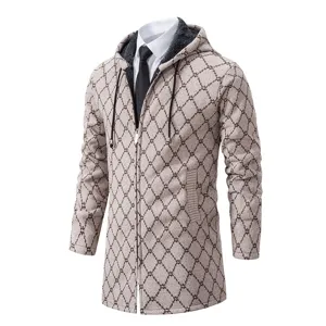Heren Halflang Fleece Gevoerd Met Capuchon Gebreid Vest Winter Casual Geometrisch Patroon Lange Mouw Rits Jas Bovenkleding
