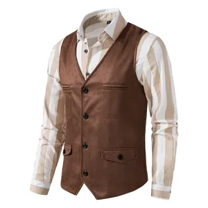 Men vintage brown suede vest with striped long sleeve shirt casual slim fit outerwear