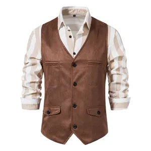 Men's V-neck brown suede vest paired with striped long sleeve shirt, detailed texture view.