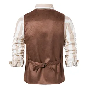 Men's vintage brown suede vest back view, elegant casual waistcoat with back strap.