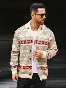 Men knit cardigan closeup detail showing shawl collar, geometric pattern and buttons.