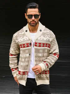 Detail shot of men's knitted cardigan sweater featuring geometric patterns and shawl collar.
