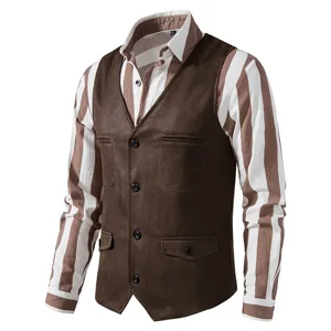 Men vintage suede vest waistcoat with striped long sleeve shirt set casual outerwear top