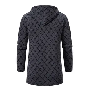 Heren halflang gebreid vest met capuchon, stijlvolle casual herfst trui jas met ruitpatroon.