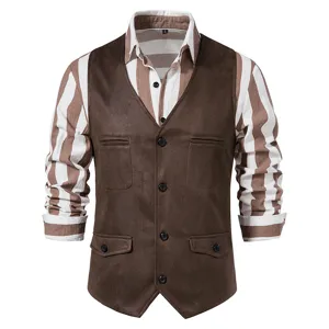 Close-up view of the men brown suede vest detailing, collar size tag and front button closure.