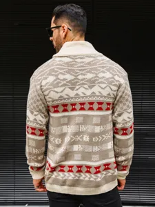 Men's knitted cardigan sweater with shawl collar and geometric patterns for autumn daily wear.