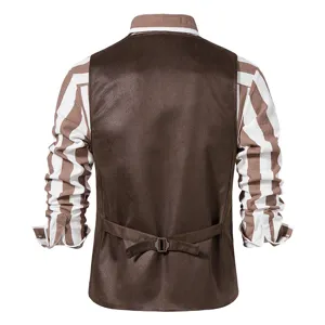 Back view details of men's brown suede vest featuring adjustable back strap and neat stitching.