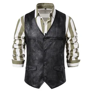 Men's vintage suede V-button vest paired with casual green white striped long sleeve shirt.