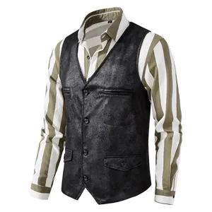 Men's vintage suede vest with striped shirt detail, stylish single breasted design for casual wear.