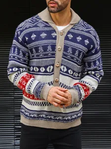 Men's stylish knit cardigan sweater with shawl collar, metal buttons and fair isle pattern.