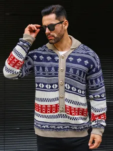 Detailed view of men's knitted cardigan featuring nordic fair isle pattern and metal buttons.