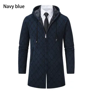 Heren Donkerblauw Lang Gebreid Vest Met Capuchon Trui Jas Winter Warme Bovenkleding