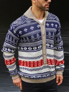 Men's autumn knitted cardigan sweater with shawl collar and vintage geometric pattern.