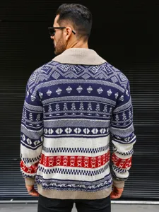 Detail view of men knit cardigan featuring traditional nordic pattern shawl collar and buttons.