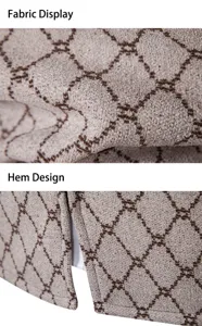 Gedetailleerd overzicht van gebreide veststof en zoom met klassiek geometrisch patroon.