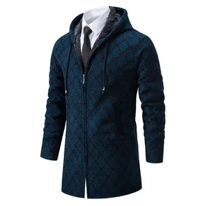 Blauwe lange heren gebreide vest jas met capuchon, warme fleece voering en stijlvol patroon.