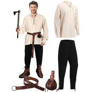 Costume da Pirata Medievale Rinascimentale da Uomo Top E Pantaloni Con Cintura E Borsa Per Festa Di Halloween Outfit Storico Vichingo