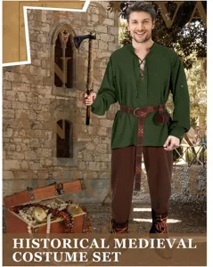 Set costume medievale rinascimentale uomo 4 pezzi camicia da pirata di Halloween e pantaloni