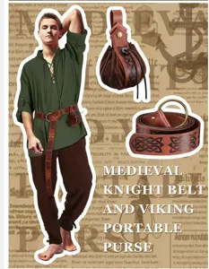 Vista dettagliata di cintura da cavaliere medievale e borsa vichinga in pelle vintage.