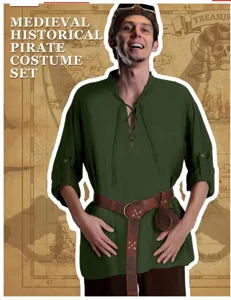 Set costume da pirata storico medievale da uomo, camicia in stile rinascimentale con cintura.