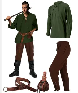 Set costume da pirata medievale rinascimentale da uomo a 4 pezzi con camicia, pantaloni e borsa.