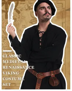 Vista dettagliata del set di costumi da camicia da pirata medievale per uomo con cintura.