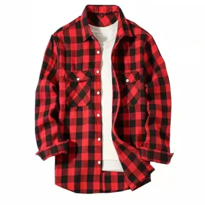 Men's Red Black Plaid Long Sleeve Button Down Flannel Shirt with Dual Pockets Main View