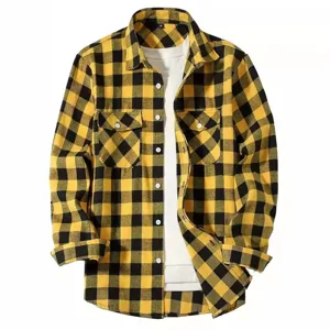 Men's yellow and black flannel plaid long sleeve shirt with dual chest pockets casual top