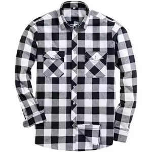 Men's black and white buffalo plaid flannel long sleeve shirt with double chest pockets.