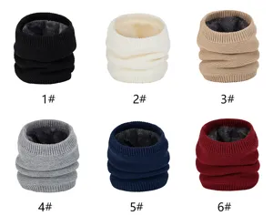 Knit neck warmer detail showing fleece lining and six solid color options for winter warmth.