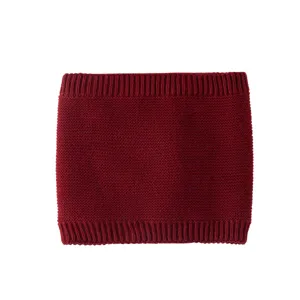 Burgundy knitted neck warmer detail, soft winter warm thermal infinity scarf loop accessory.