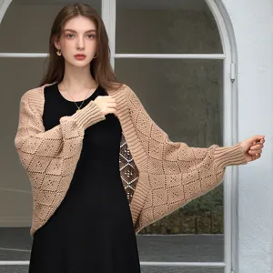 Femmes Mode Décontracté Tricot Ajouré Cardigan Court Vêtements d'Extérieur Manches Longues Uni Filet Losange Pull Tops