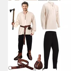 Set costume pirata medievale rinascimentale da uomo in 4 pezzi con camicia, pantaloni e borsa.