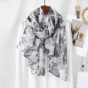 Women black and white floral voile long scarf, lightweight soft fashion accessory for daily wear.
