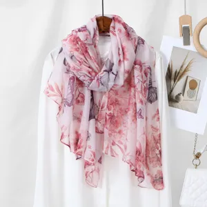 Pink floral printed voile long scarf for women, soft versatile commuting sun scarf.