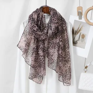 Women Fashion Leopard Print Voile Long Scarf Soft Lightweight Sheer Neck Scarf Shawl