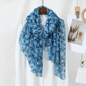 Blue floral print voile long scarf for women, soft lightweight spring commuting sun protection