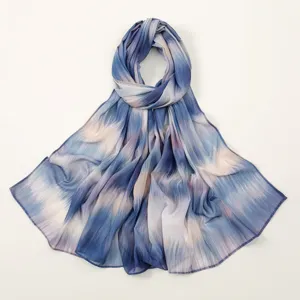 Blue white gradient long chiffon scarf, abstract digital print elegant lightweight fashion hijab.