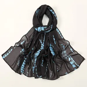 Black and blue printed chiffon long scarf, elegant hijab wrap for women daily wear.