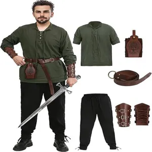 Détails en gros plan de l'ensemble de costume de la Renaissance médiévale de 6 pièces.