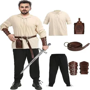 Ensemble costume renaissance medieval homme 6 pieces chemise pirate pantalon ceinture